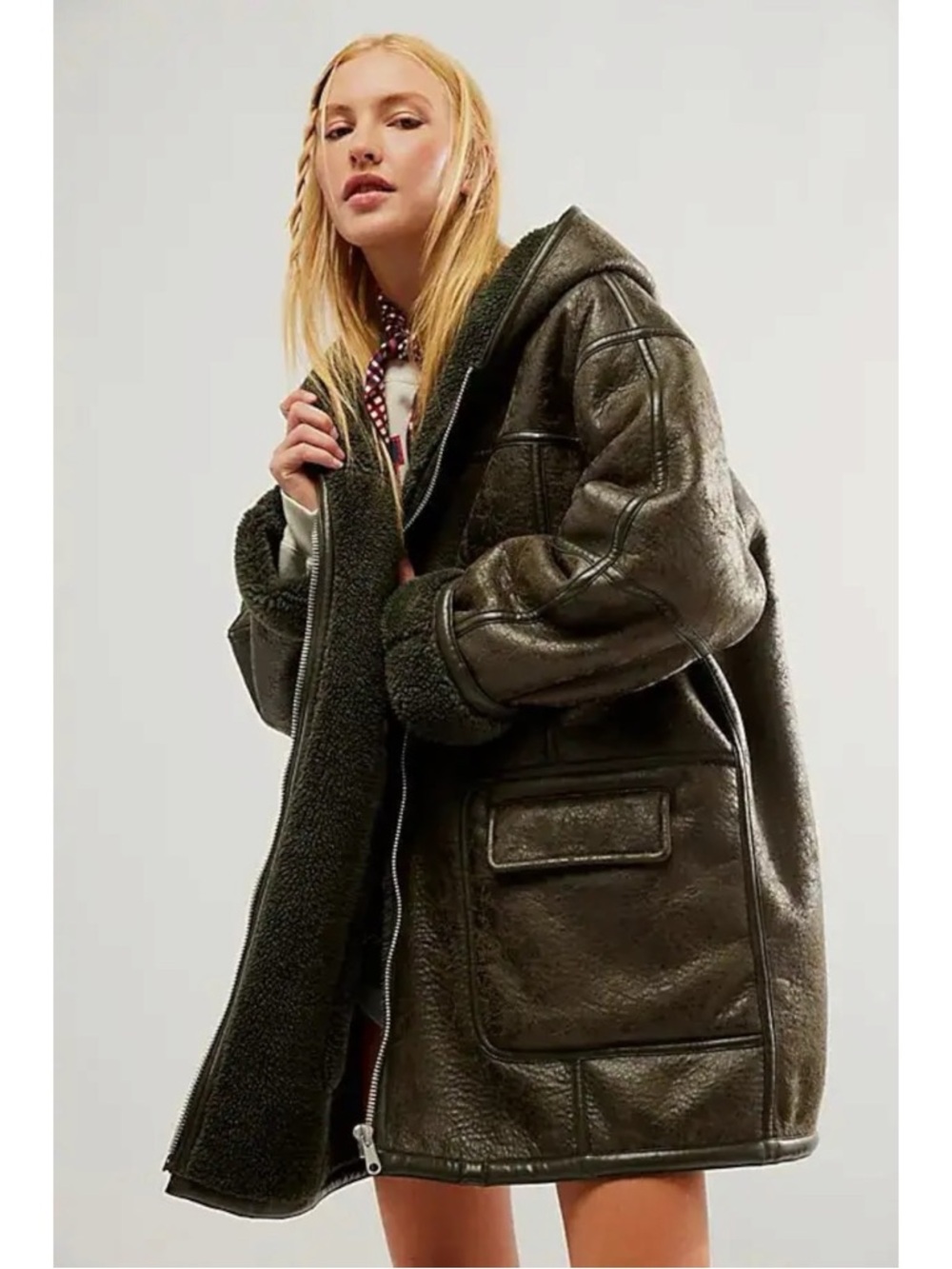 Free People Oversized Sherpa Hoodie Miller Vegan Chunky Jacket Coat Size Large - Picture 3 of 16